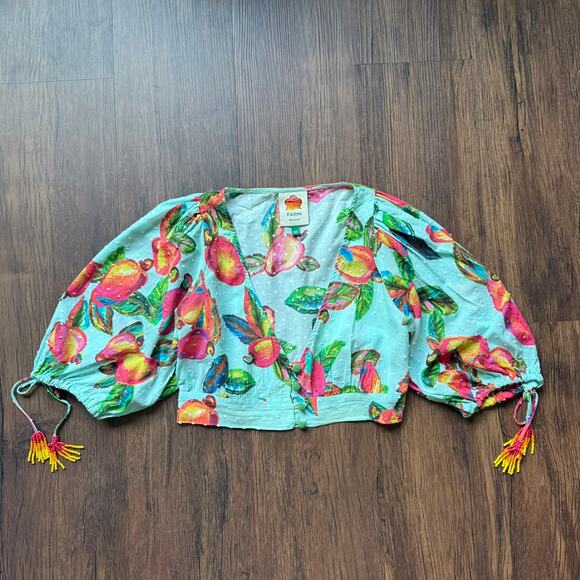 Farm Rio Cropped Blouse Fruit Print Beaded Sleeve Tie Top XS - Picture 4 of 11